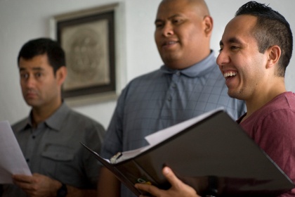 Seminarian laughs during chorus rehearsal at Hispanic seminary in Mexico City