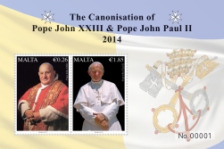Malta's two-stamp souvenir sheet honoring the two new saints.