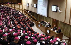 Participants in the 2012 Synod of Bishops in the Vatican synod hall with Pope Benedict XVI. (CNS/Paul Haring)