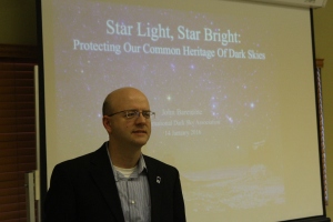 John Barentine of the InternationalDark-Sky Association addresses the Faithi and Astronomy Workshop. (CNS photo/Dennis Sadowski)